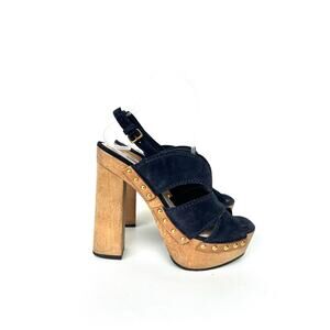 Vintage Y2K Miu Miu Archive Navy Blue Suede Wooden Platform Clog 37.5 Sandal 7.5